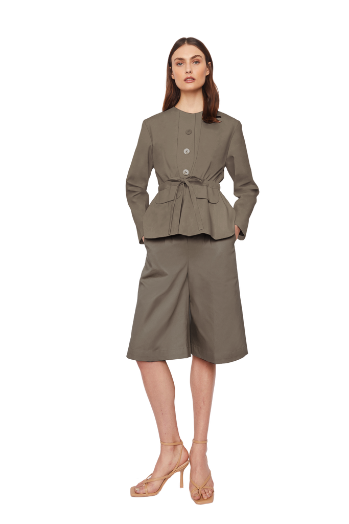 Collarless Jacket with Flap Pockets and Drawstring Waist in