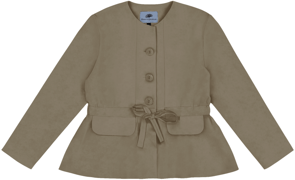 Collarless Jacket with Flap Pockets and Drawstring Waist in