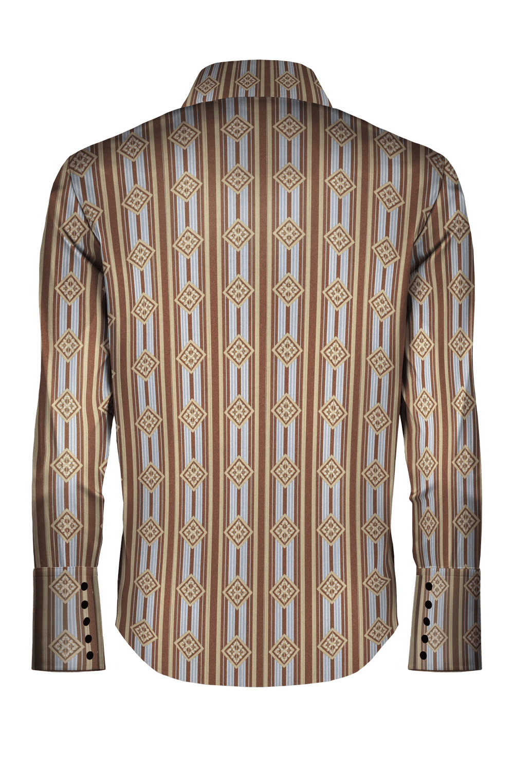 Geometric Ginkgo Elegance: Brown Diamond-Striped Foulard Long Sleeve Shirt - STEF MOUCHIE