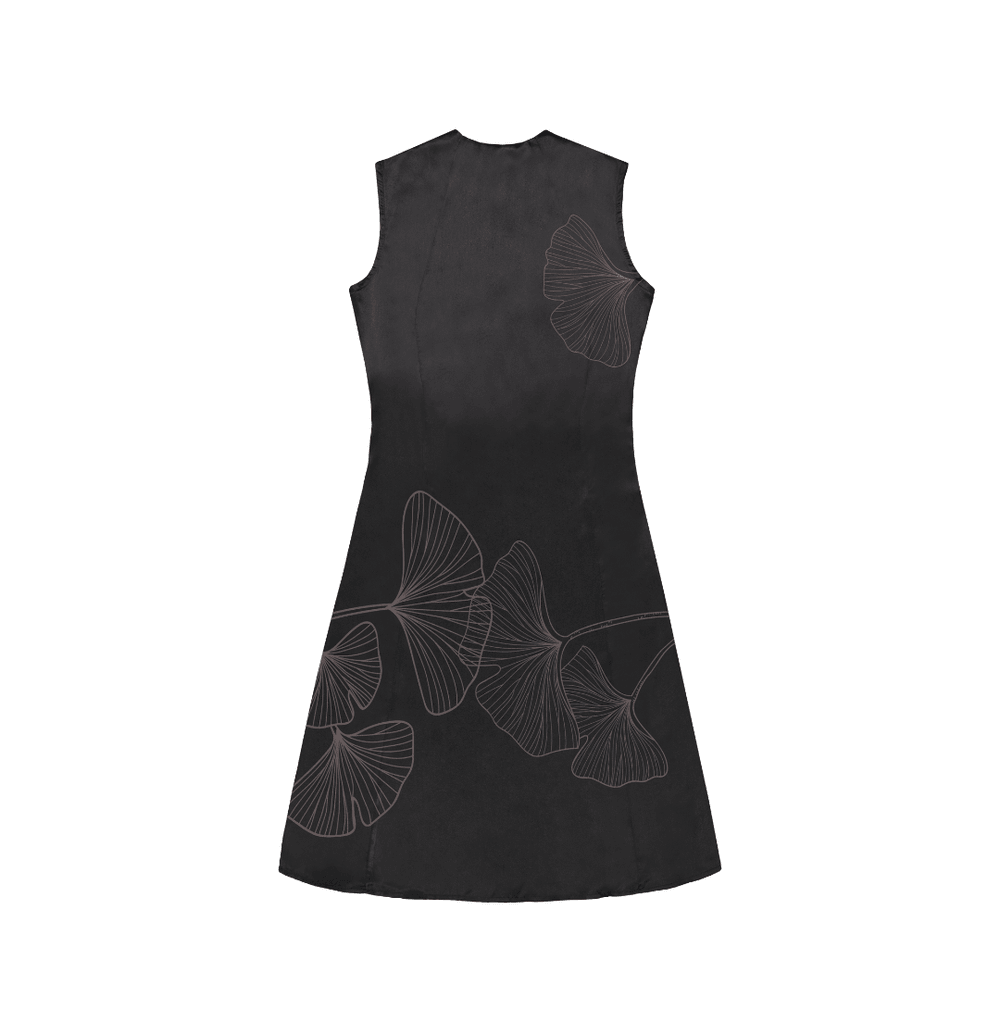 LBD Fit and Flare Sleeveless Dress Low Turtle Neck in Black Charmeuse Silk with Signature Ginkgo Print - STEF MOUCHIE