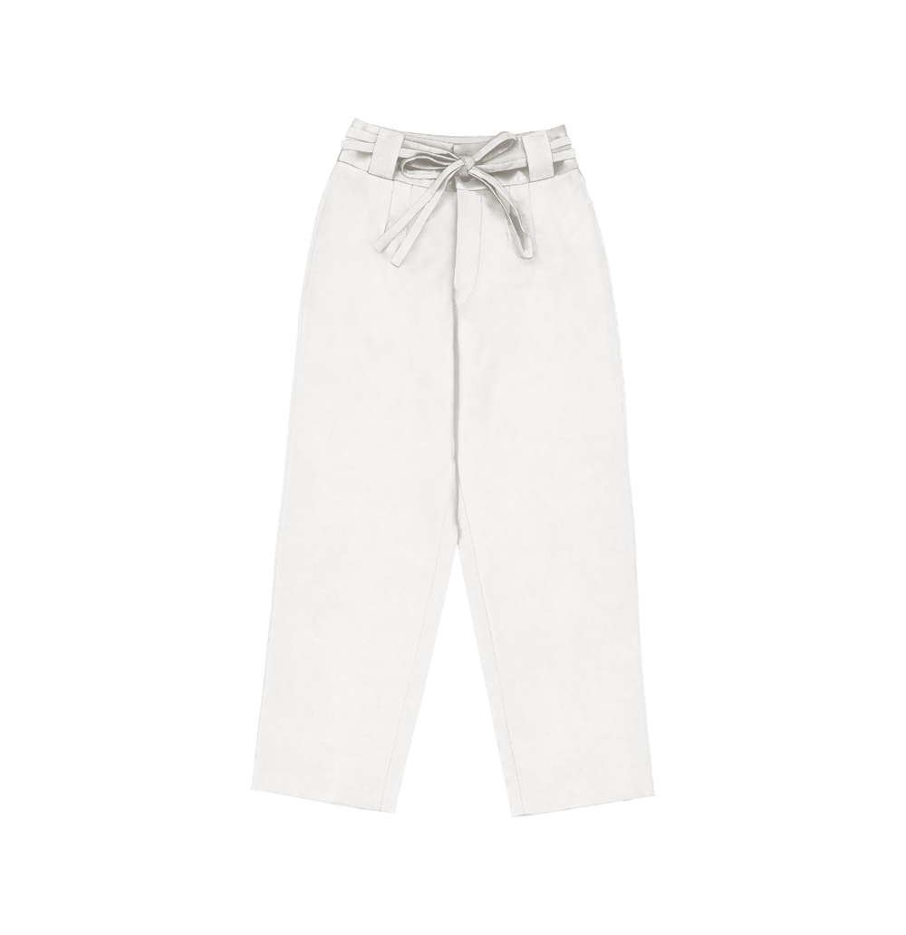 White Art Silk Slub Elasticated Trouser with Drawstring - Saffron Threads