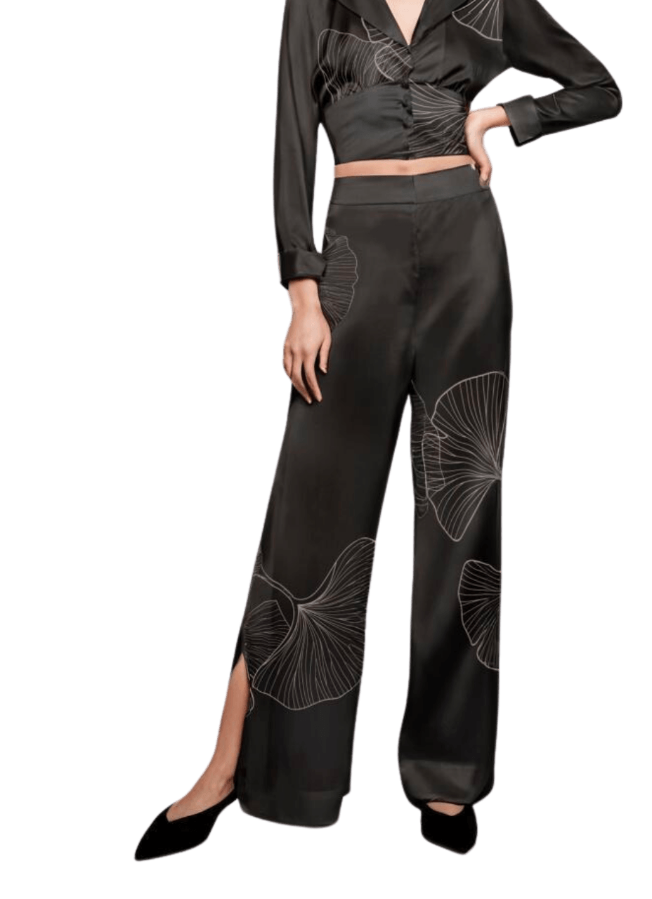 Palazzo Trousers with Side Slits in Black Silk Charmeuse with Ginkgo Leaf Print - STEF MOUCHIE