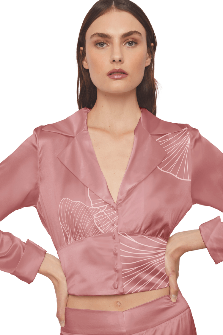 Cropped Blazer Shirt in Pink Silk Charmeuse with Ginkgo Leaf Print - STEF MOUCHIE