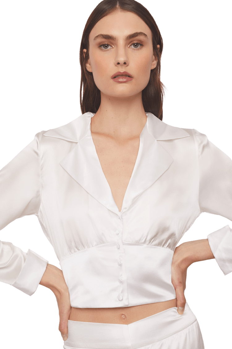 Cropped Blazer Shirt in White Silk Charmeuse - STEF MOUCHIE