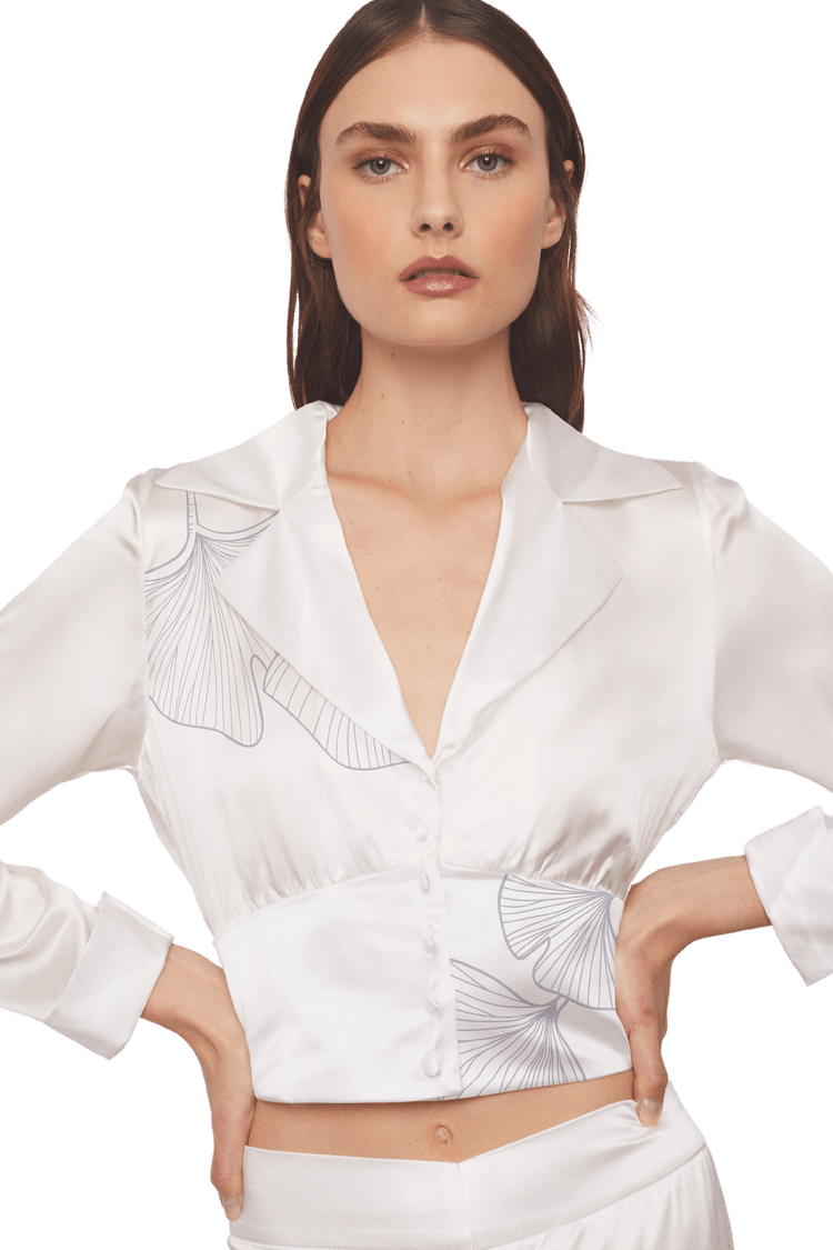 Cropped Blazer Shirt in White Silk Charmeuse with Ginkgo Leaf Printed - STEF MOUCHIE